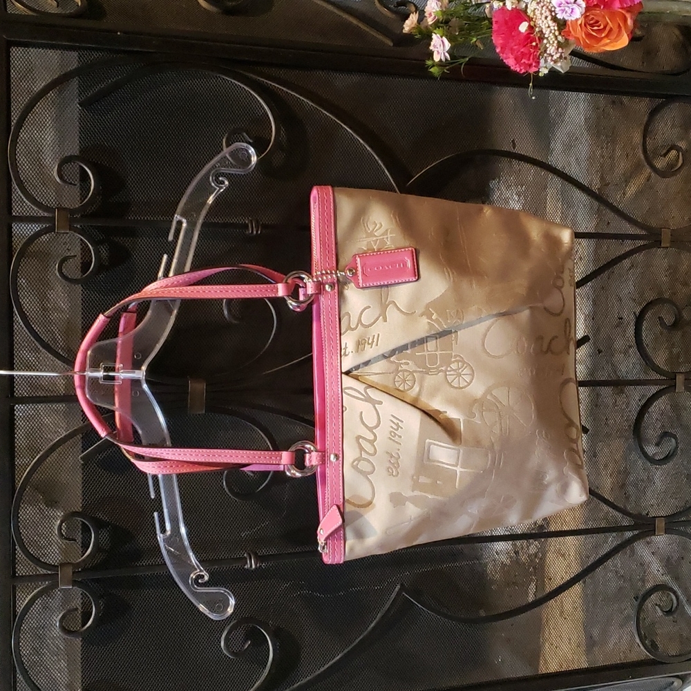 Coach carriage tan sateen and leather tote